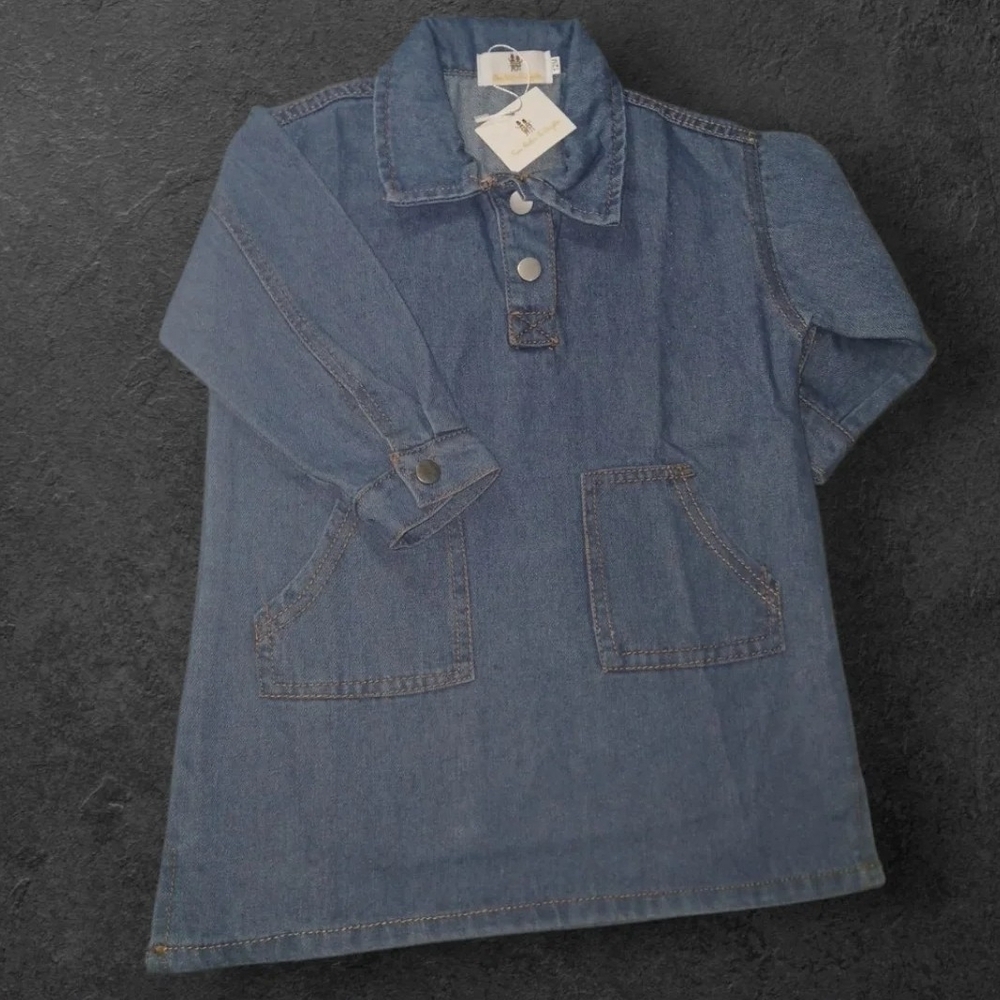 Denim Long-Sleeve Dress with Pockets